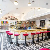 bright colored ice cream parlor with wainscoting