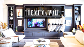 Navy blue media wall built in cabinets