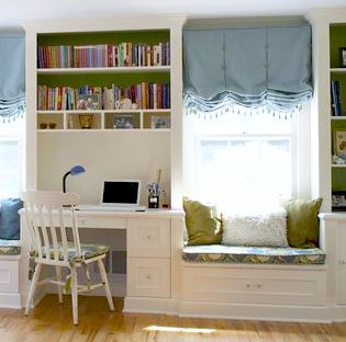 Built-In storage in Window Seat and Desk with Wainscoting