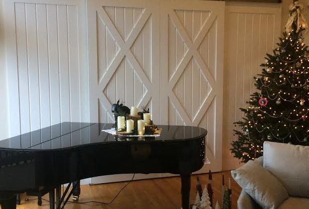 living room with sliding door during the christmastime